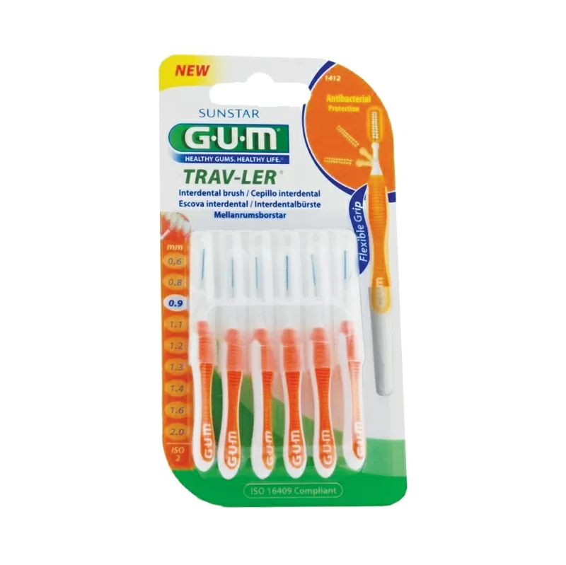 Gum Интердентални четки за зъби прави, оранжеви 0.9 mm, 6 бр. блистер