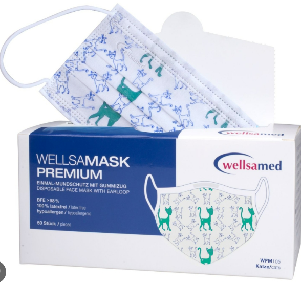 Wellsamed Маска предпазна с цветни мотиви с филтър и ластик; 50 бр. кутия - котета