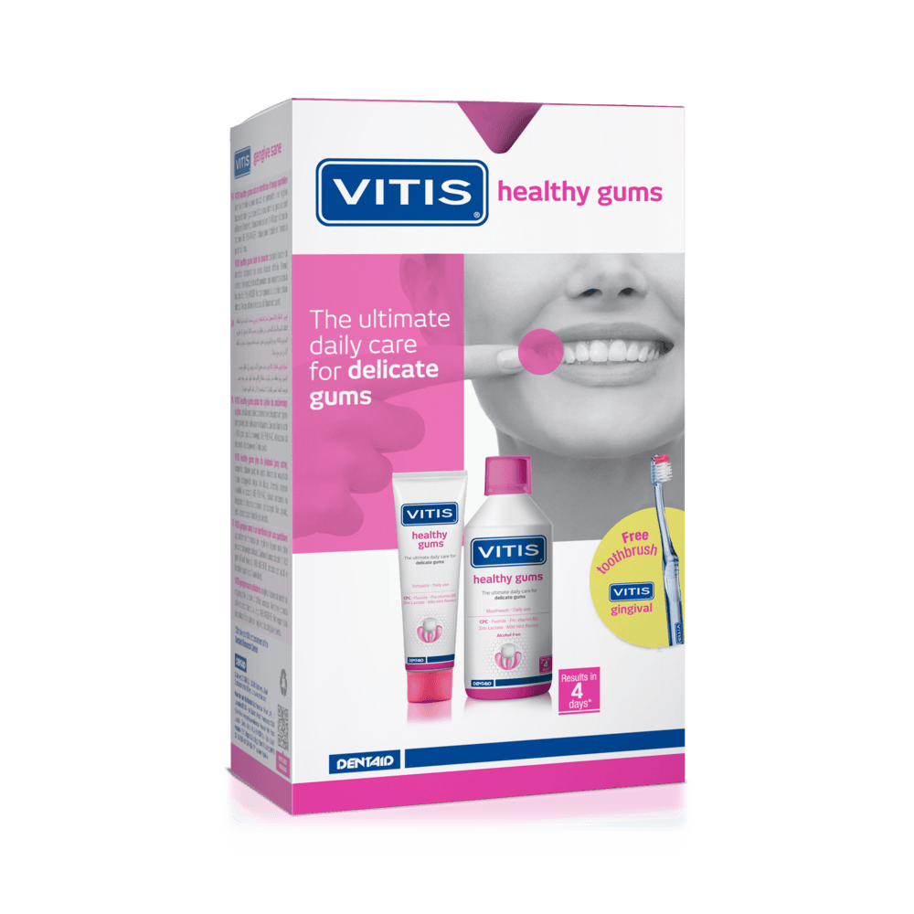 DENTAID Комплект VITIS Healthy Gums - вода за уста 500ml + паста за зъби 100ml + четка за зъби подарък